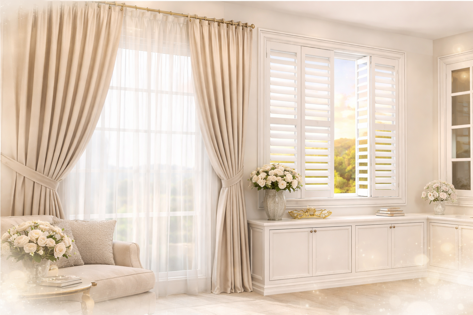 Elegant window shutters and curtains